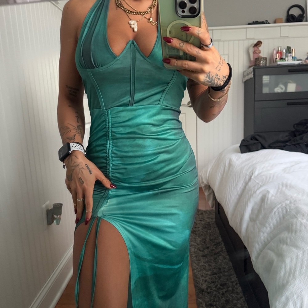 Micas Printed Halter Corset Drawsling Slit Midi Dress for Vacation